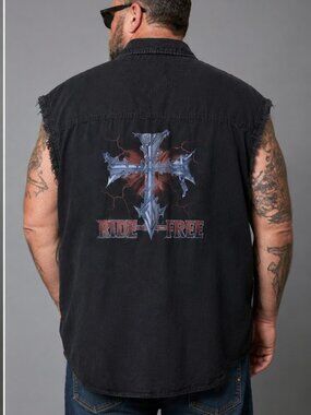 Real Riders Black Denim Button Up Sleeveless Biker Shirt Ride Free 4XL